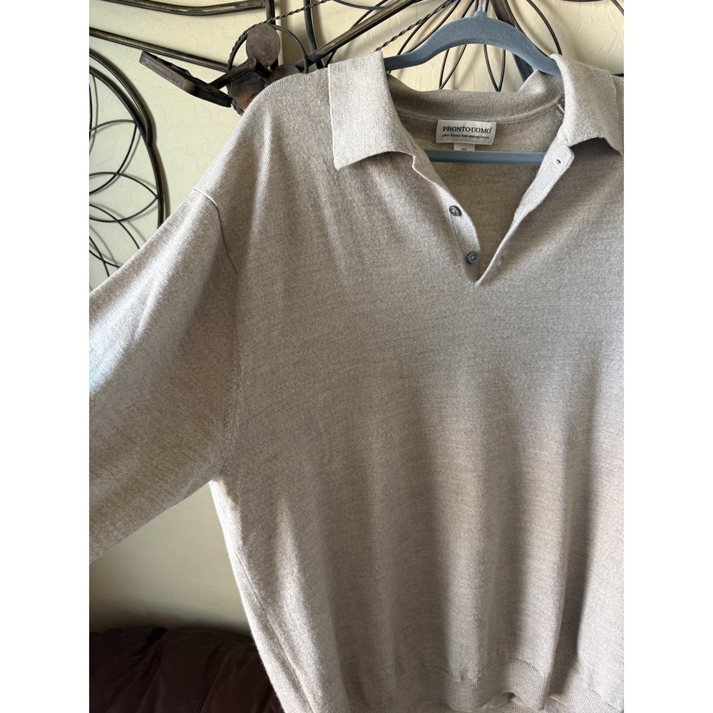 Pronto‎ Uomo Men's 2X Gray-Tan 3 Button Sweater Made in Italy 100% Merino